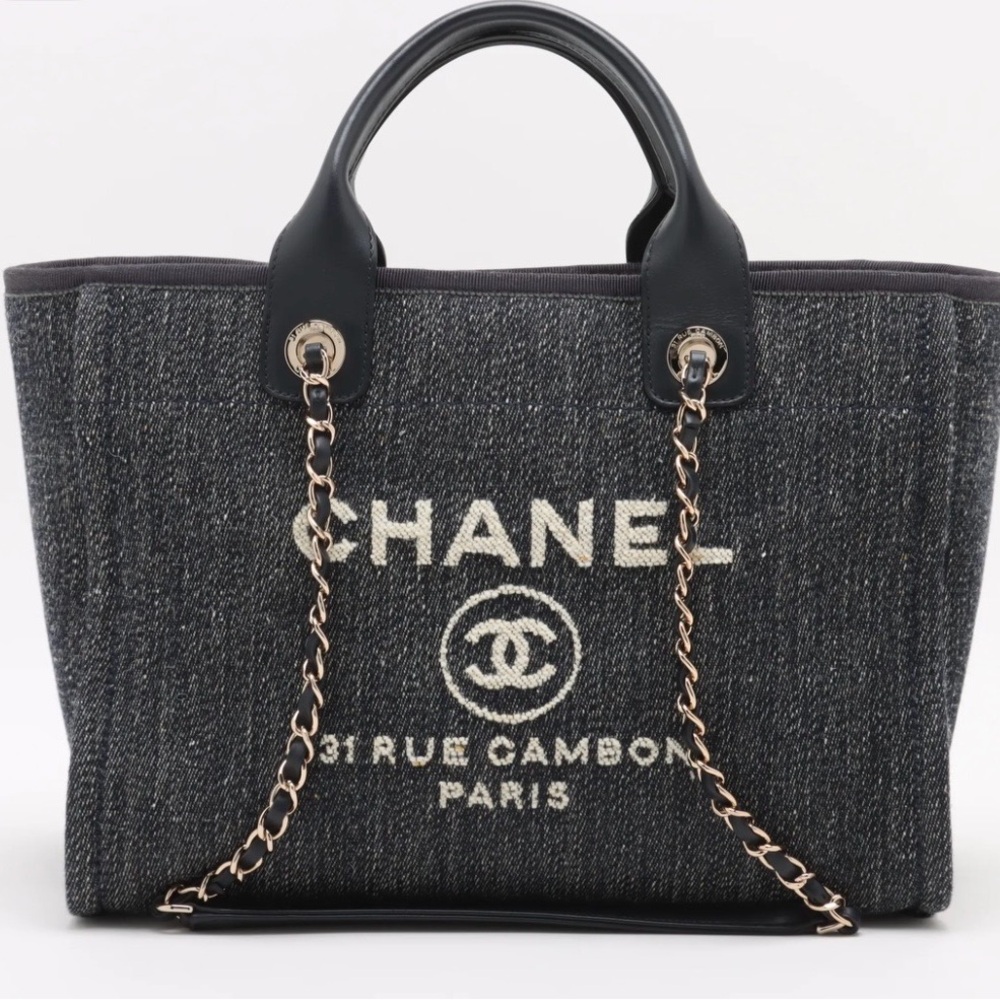 Chanel Navy and Cream Deauville Tote Bag with Gold Hardware